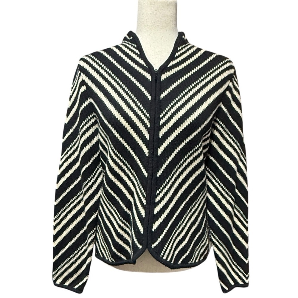 Talbots Wool Zip Cardigan Striped Sweater Size Medium Vintage Aztec Black Cream